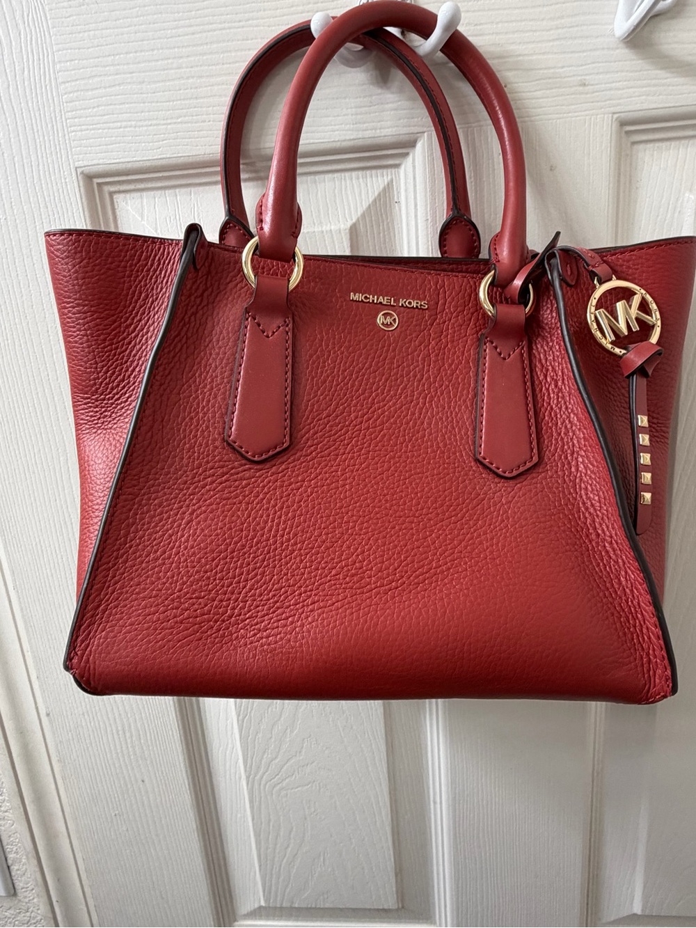 Michael Kors Cherry Red Pebbled Leather Satchel with Gold Hardware
